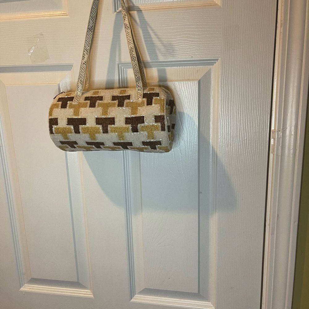 Eswanny beaded Brown,gold &beige satchel faux leather reptile print straps - Picture 3 of 16